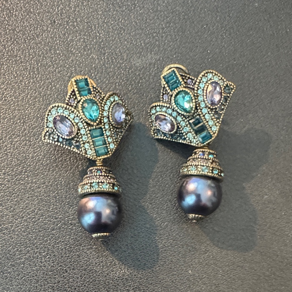 Heidi Daus Gold and Teal Crystal Earrings